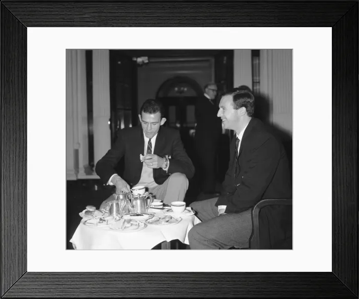 Framed Print : Ray Charnley of Blackpool (left), tucks into a plate of toast Framed Print : Ray Charnley of Blackpool (left), tucks into a plate of toast