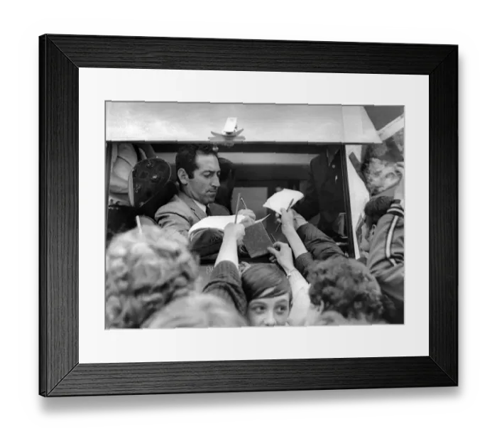 Framed Print : Scrambling for a survivors signature. Francisco Gento, the only man left from the real