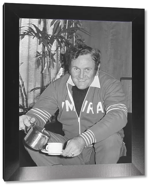 England Football Manager Don Revie seen here having a cup of tea before giving a press