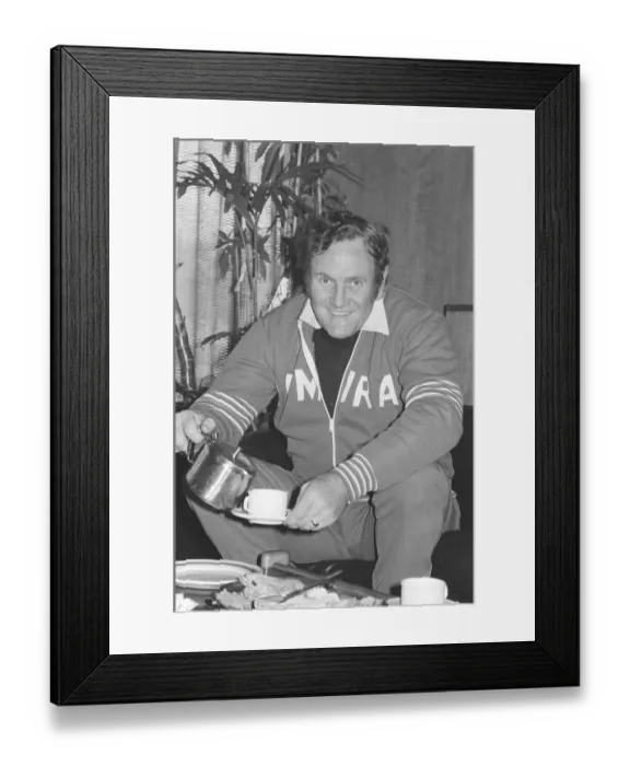Framed Print : England Football Manager Don Revie seen here having a cup of tea before giving a press