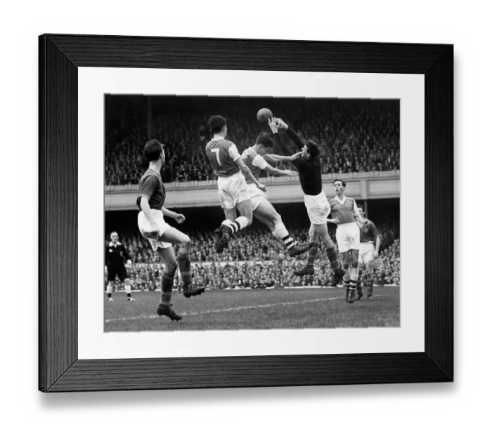 Framed Print : Arsenal v Leeds Division One Football Ballet in the Goal mouth'As Wood Framed Print : Arsenal v Leeds Division One Football Ballet in the Goal mouth'As Wood
