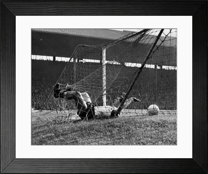 Framed Print : Manchester United v Tottenham. The Spurs half back Mullery ands up in the net after a Framed Print : Manchester United v Tottenham. The Spurs half back Mullery ands up in the net after a