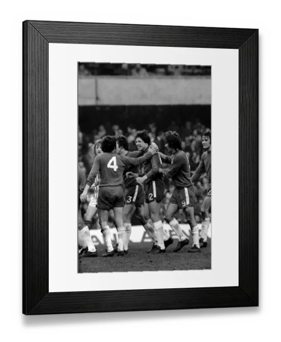 Framed Print : Football: Chelsea F. C. vs. Birmingham F. C. Langley (12) mobbed after scoring winning goal Framed Print : Football: Chelsea F. C. vs. Birmingham F. C. Langley (12) mobbed after scoring winning goal