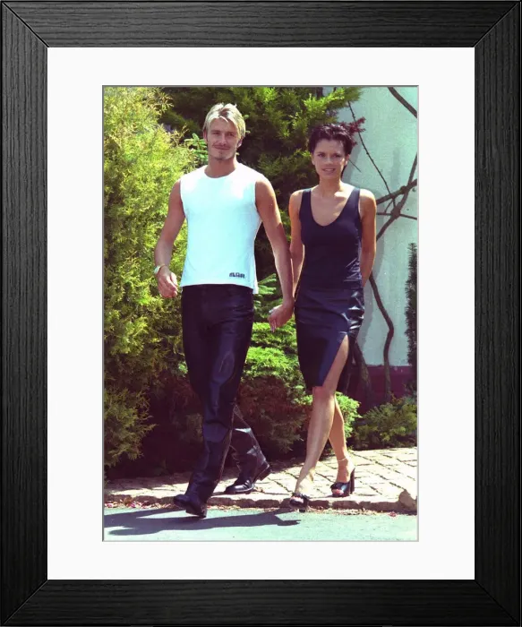 Framed Print : David Beckham Victoria Adams Posh Spice holding hands 1999 outside their home two days Framed Print : David Beckham Victoria Adams Posh Spice holding hands 1999 outside their home two days