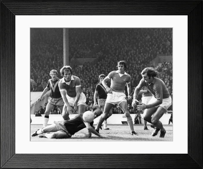 Framed Print : A narrow escape for Manchester City as keeper Joe Corrigan comes out of goal to foil Framed Print : A narrow escape for Manchester City as keeper Joe Corrigan comes out of goal to foil