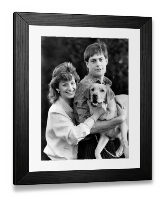 Framed Print : Everton goalkeeper Bobby Mimms with his wife Karen and their pet dog April 1986