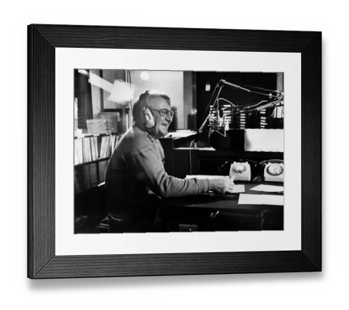 Framed Print : On the air'Tommy Docherty jokes with a listener as he hosts a chat show Framed Print : On the air'Tommy Docherty jokes with a listener as he hosts a chat show