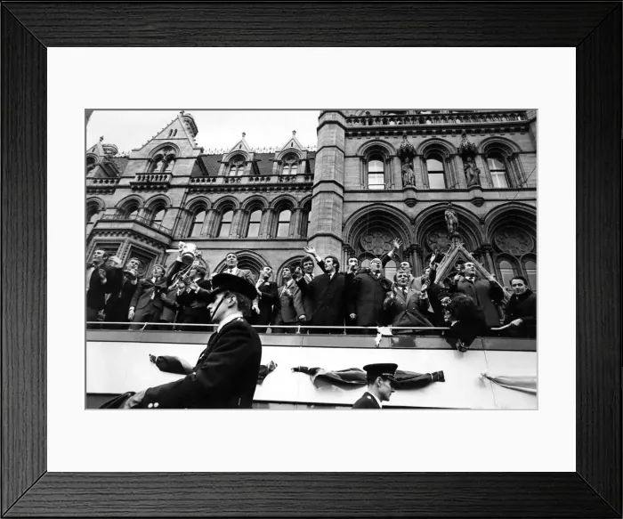 Framed Print : Manchester City home coming: Malcolm Allisson (left) leads the City team in a chant of Framed Print : Manchester City home coming: Malcolm Allisson (left) leads the City team in a chant of