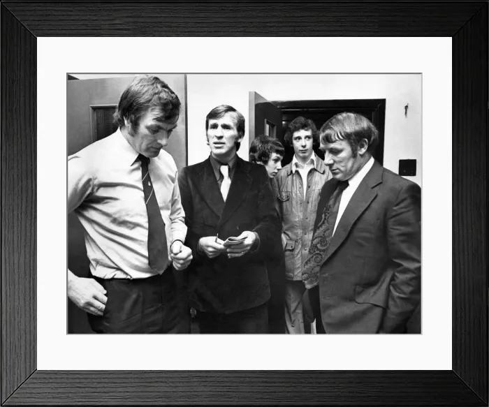 Framed Print : Tommy Docherty talking to team coaches after the match. December 1972 P011233 Framed Print : Tommy Docherty talking to team coaches after the match. December 1972 P011233