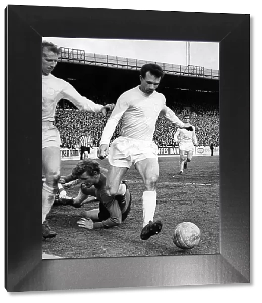 Leeds v. Sheffield United. Leeds defence team in operation clearing a Tony Wagstaffe