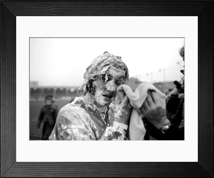 Framed Print : Players covered in soapy water during Charity football match. November 1969 Z11133-001