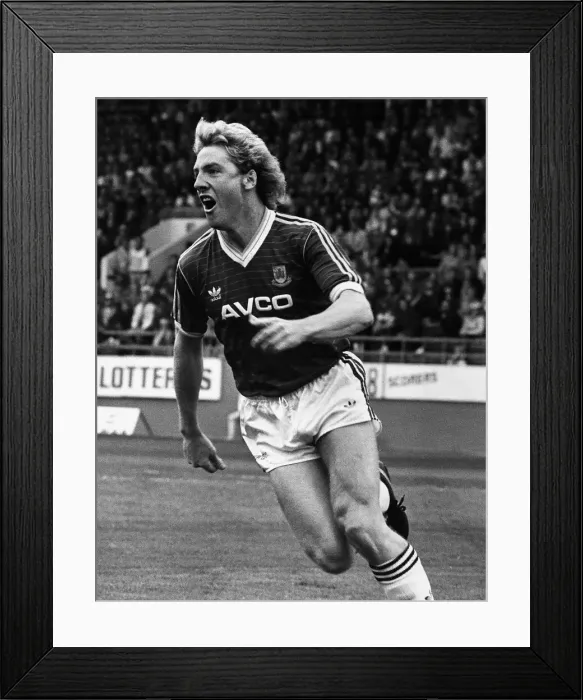 Framed Print : West Hams Frank McAvenie celebrates after scoring a goal against Sheffield Wednesday