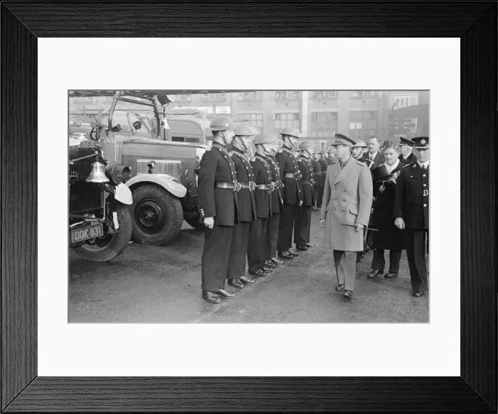 Framed Print : King George VI inspects firemen on his visit to Birmingham after a bombing raid in world Framed Print : King George VI inspects firemen on his visit to Birmingham after a bombing raid in world