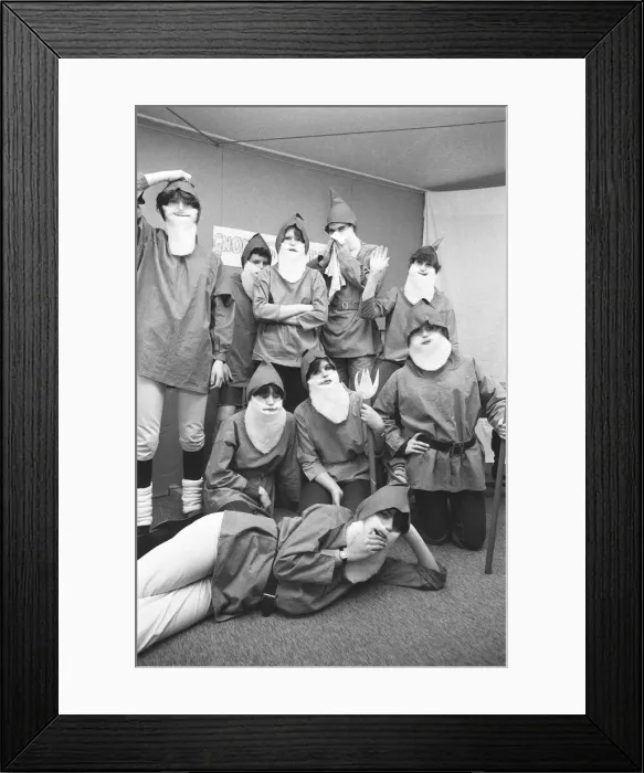 Framed Print : Manchester school children dressed as gnomes for school pantomime. December 1982 Framed Print : Manchester school children dressed as gnomes for school pantomime. December 1982