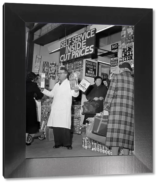 Supermarket Shopping March 1958 Shopkeeper promoting his products to customers
