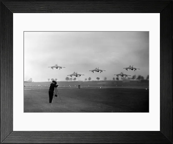 Framed Print : 5 Hawker Hunter Fighters take off at RAF Station Wittering 16th July 1963