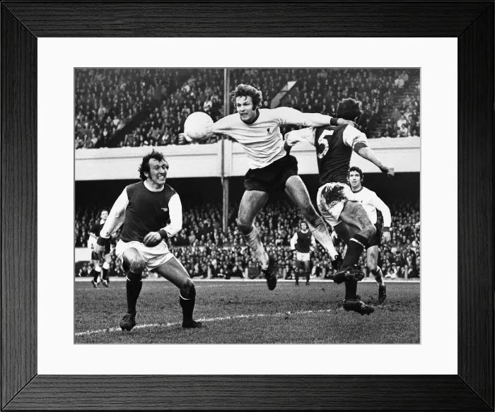 Framed Print : Liverpool new boy John Toshack challenges Frank McLintock for the ball during the league Framed Print : Liverpool new boy John Toshack challenges Frank McLintock for the ball during the league