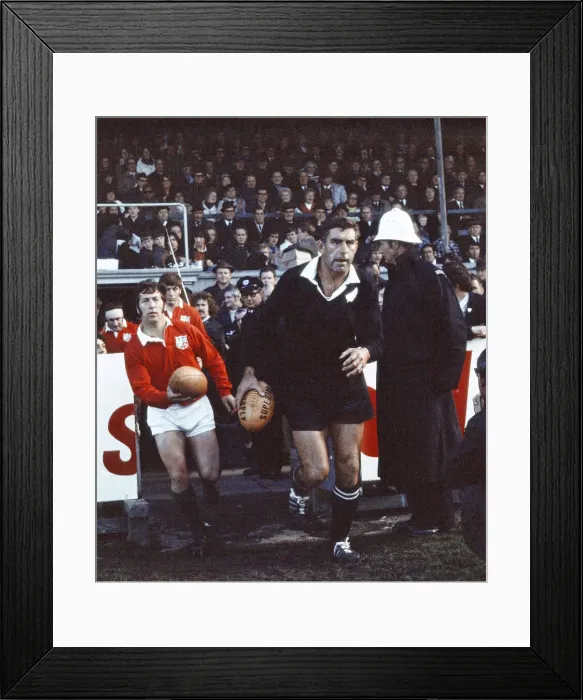 Framed Print : British Lions 9 v. New Zealand 3. John Dawes (l) and Colin Meads lead out their Framed Print : British Lions 9 v. New Zealand 3. John Dawes (l) and Colin Meads lead out their