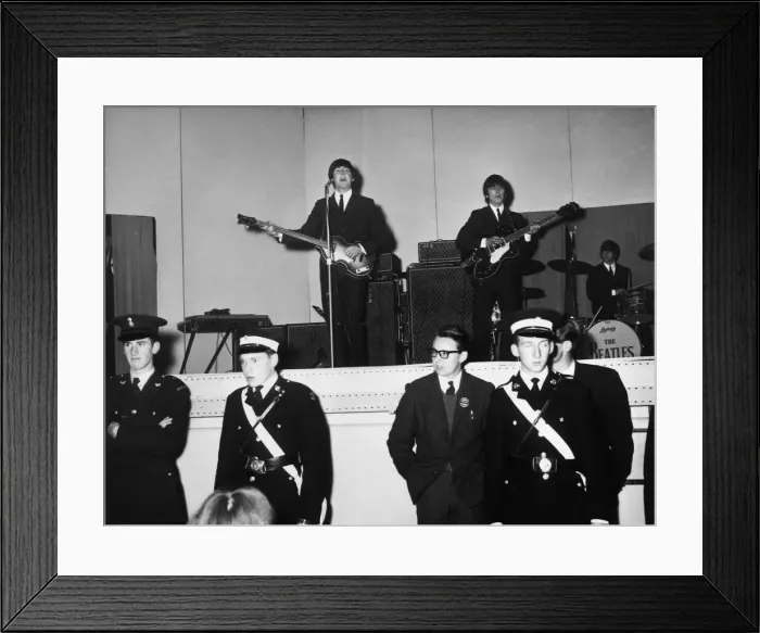 Framed Print : The Beatles performing on stage at De Montford Hall in Leicester, 11th October 1964