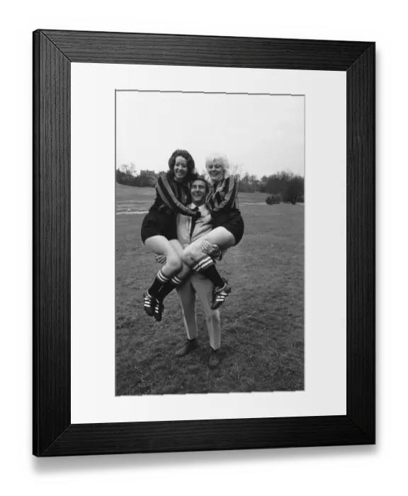 Framed Print : Malcolm Allison seen here with two models modeling Mnchester Citys new strip for the 1969 Framed Print : Malcolm Allison seen here with two models modeling Mnchester Citys new strip for the 1969