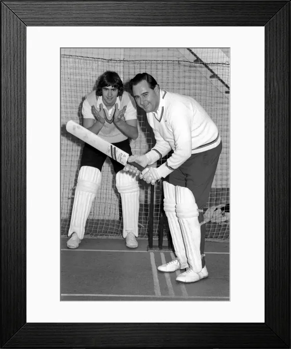 Framed Print : England Cricketer Colin Cowdrey gets in some cricket practice with his son 17 yr old Framed Print : England Cricketer Colin Cowdrey gets in some cricket practice with his son 17 yr old