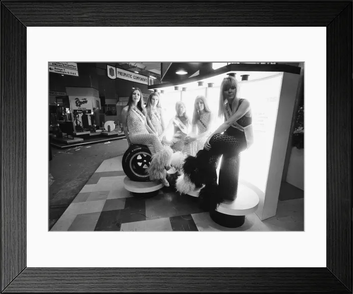 Framed Print : Models pose on the Dunlop stand at the Motor Show 15th October 1968 Framed Print : Models pose on the Dunlop stand at the Motor Show 15th October 1968