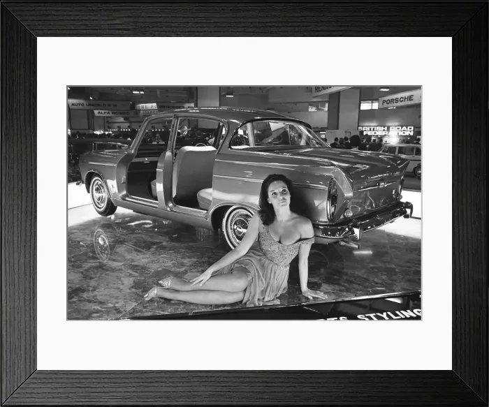 Framed Print : Model sits beside a Humber car at the British International Motor Show in London 19th Framed Print : Model sits beside a Humber car at the British International Motor Show in London 19th