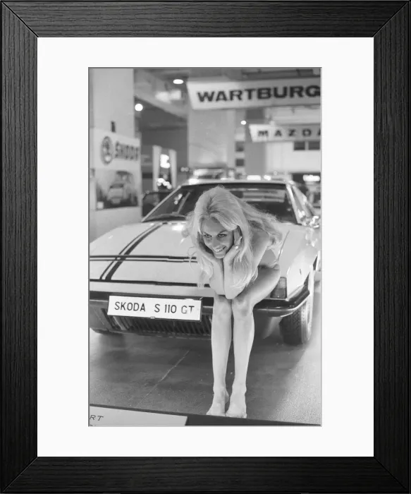 Framed Print : Binki clad model on the Skoda stand at the 1971 Earls Court motor show 19th October 1971 Framed Print : Binki clad model on the Skoda stand at the 1971 Earls Court motor show 19th October 1971