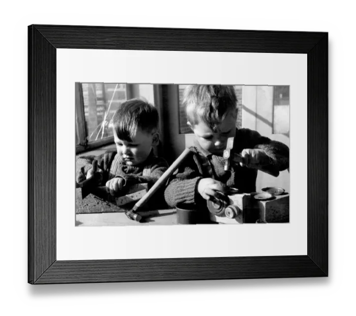 Framed Print : Two brothers Colin and Keith Wympress on the carpenters bench. 28th March 1951