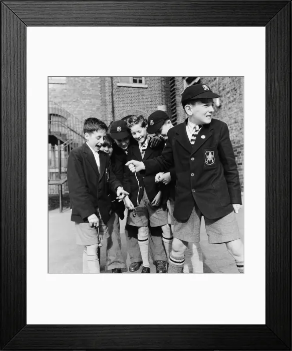 Framed Print : A group of friends taking part in a game of conkers at their school. September 1950