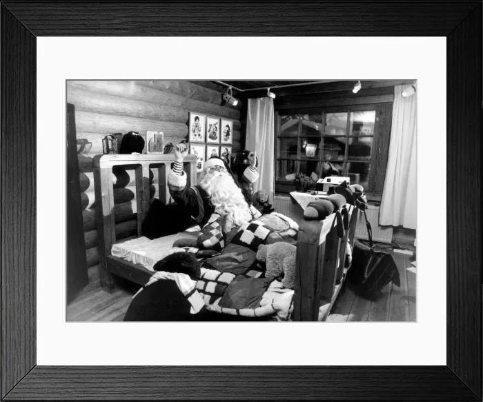 Framed Print : Man dressed as Father Christmas in bed. 2nd January 1991 Framed Print : Man dressed as Father Christmas in bed. 2nd January 1991