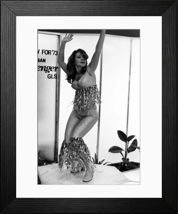 Framed Print : Model performing on the Chrysler Avenger stand at he 1972 Motor Show at Earls Court 19th Framed Print : Model performing on the Chrysler Avenger stand at he 1972 Motor Show at Earls Court 19th