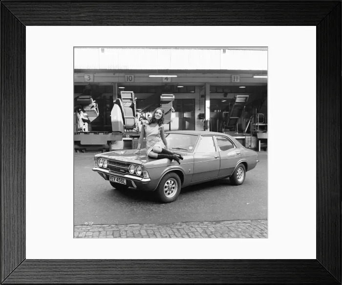 Framed Print : Reveille model Barbara seen here posing with a Ford car which is a top prize in Framed Print : Reveille model Barbara seen here posing with a Ford car which is a top prize in