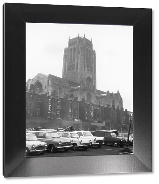 Cars parked outside the Anglican Cathedral in Liverpool. 9th March 1967