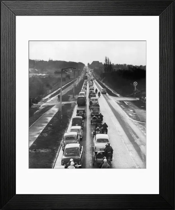 Framed Print : Vehicles queuing in a traffic jam near London. May 1965 Framed Print : Vehicles queuing in a traffic jam near London. May 1965