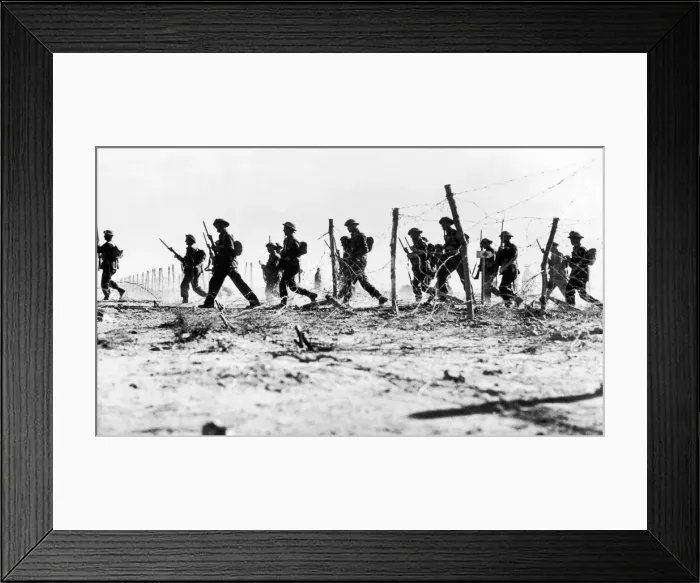 Framed Print : British infantry making their wat through a gap in the barbed wire defences during Framed Print : British infantry making their wat through a gap in the barbed wire defences during