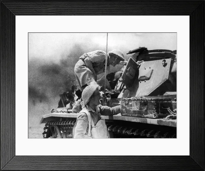 Framed Print : Soldiers from the 8th Army seen here examining a derelict German tank