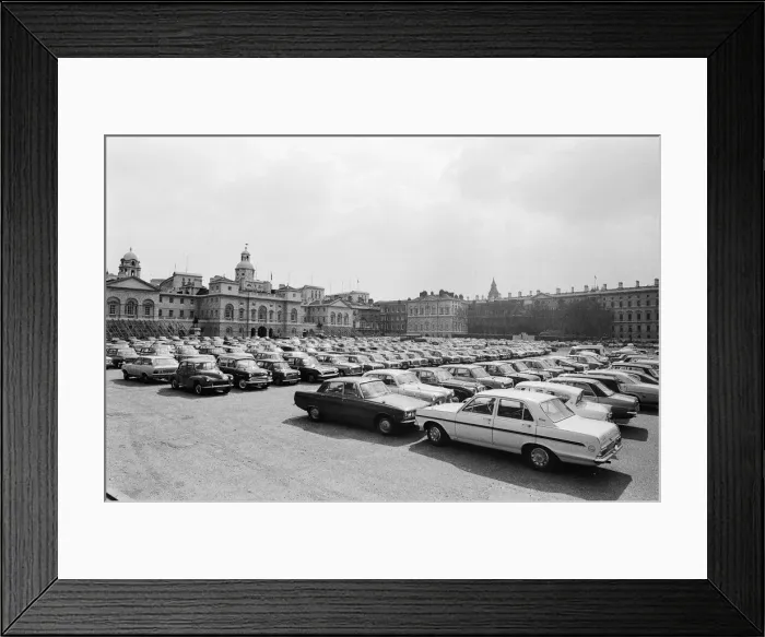 Framed Print : An emergency car park set up in Horse Guards Parade, Central London to accommodate Framed Print : An emergency car park set up in Horse Guards Parade, Central London to accommodate