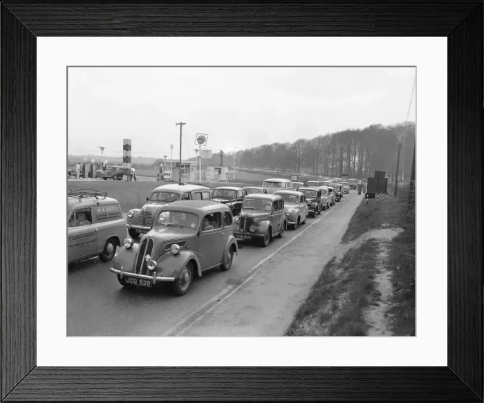 Framed Print : Heavy Easter holiday traffic comes to a halt outside The Towers Transport Cafe near