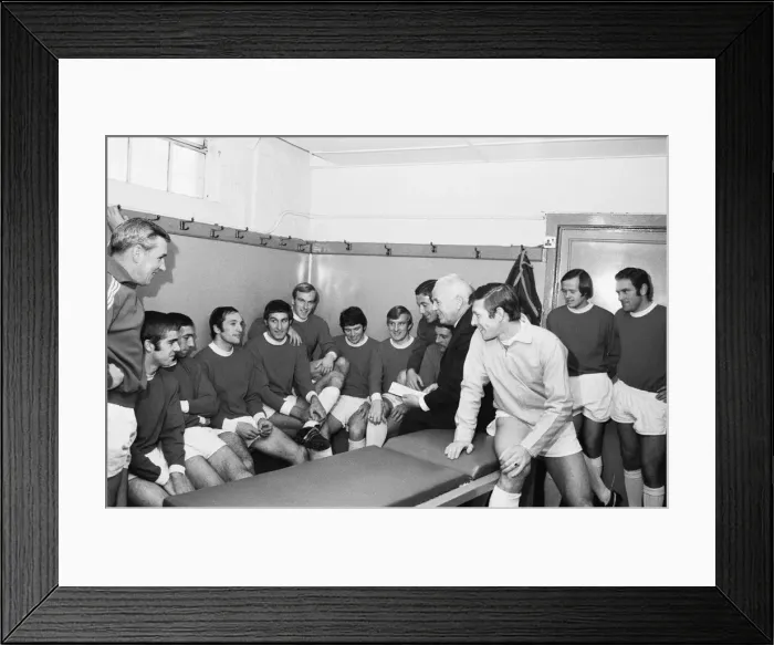 Framed Print : The Bristol Rovers football team have a chat with manager Bill Dodgin in their team