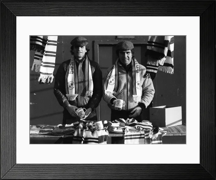 Framed Print : Mike Channon of Bristol Rovers and manager Bobby Gould selling Rovers merchandise Framed Print : Mike Channon of Bristol Rovers and manager Bobby Gould selling Rovers merchandise