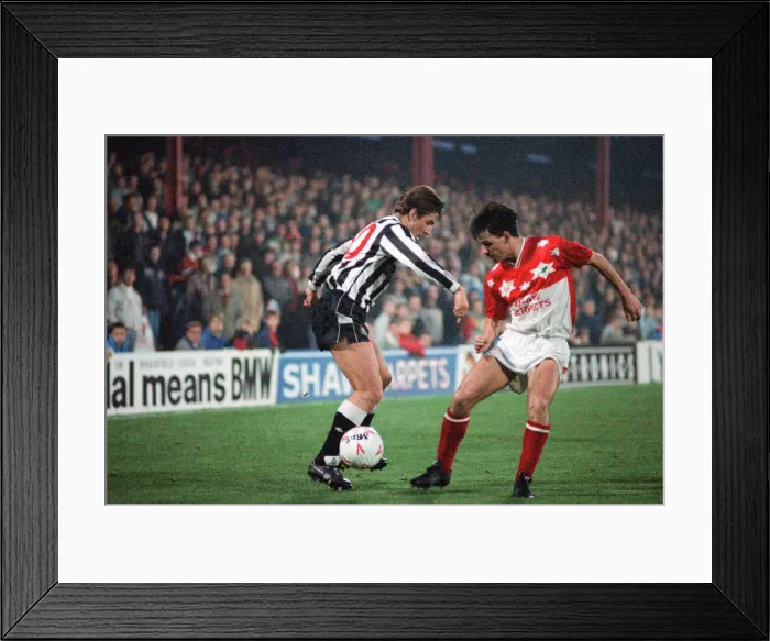 Framed Print : Barnsley 1 v. Newcastle United 1. Newcastles Mark McGhee takes on Barnsley Framed Print : Barnsley 1 v. Newcastle United 1. Newcastles Mark McGhee takes on Barnsley