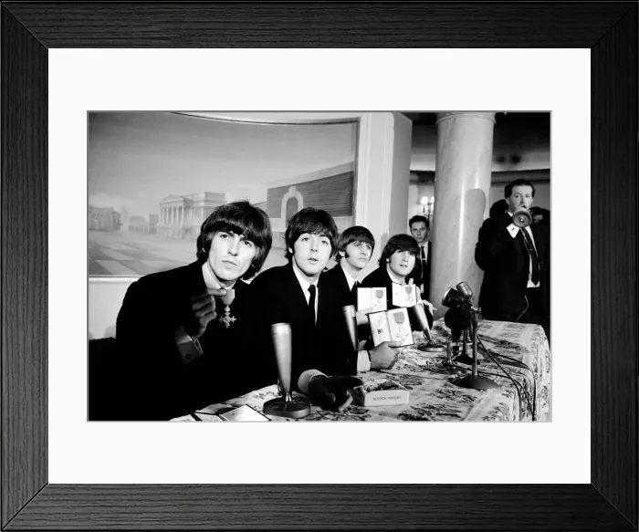 Framed Print : The Beatles pose with their MBEs at a press conference held at the Saville Theatre Framed Print : The Beatles pose with their MBEs at a press conference held at the Saville Theatre