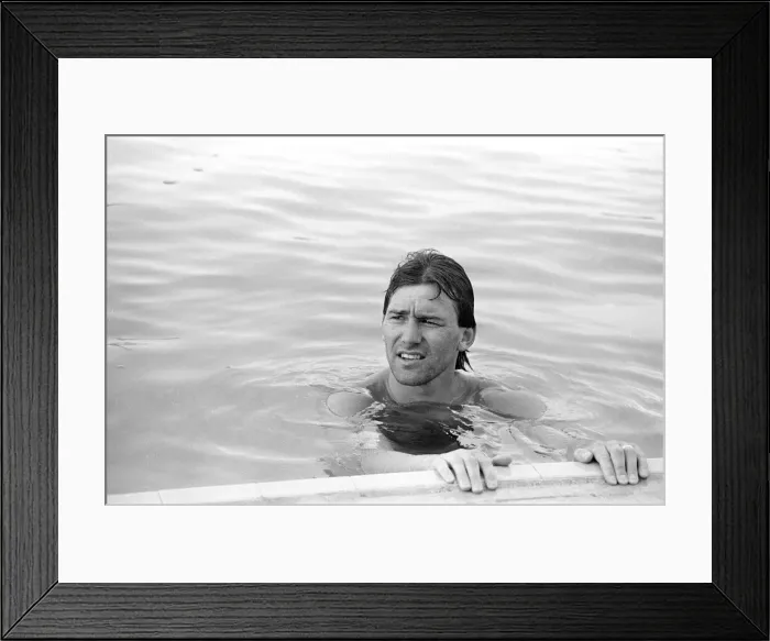 Framed Print : England footballer Bryan Robson relaxing in the swimming pool at the Cima Club in Framed Print : England footballer Bryan Robson relaxing in the swimming pool at the Cima Club in