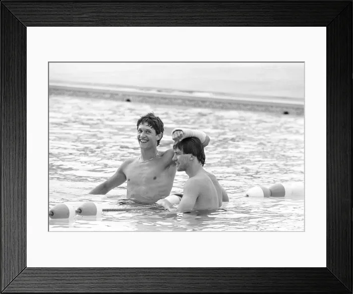 Framed Print : England footballers Gary Lineker and Bryan Robson in the swimming pool at the Cima Club Framed Print : England footballers Gary Lineker and Bryan Robson in the swimming pool at the Cima Club