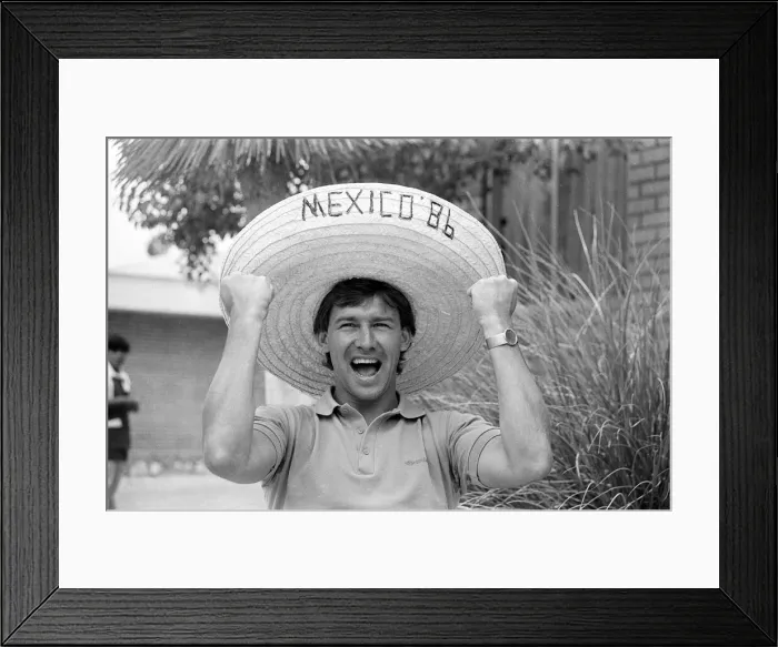 Framed Print : England captain Bryan Robson poses wearing a sombrero at the team base in Monterrey Framed Print : England captain Bryan Robson poses wearing a sombrero at the team base in Monterrey