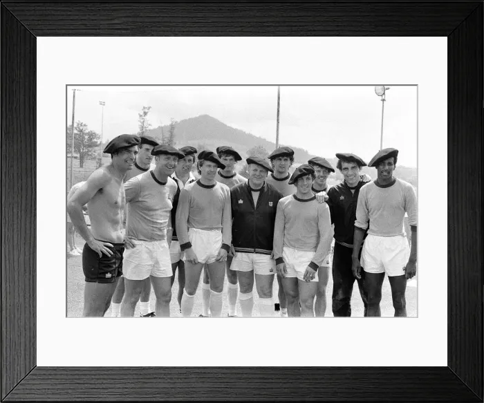Framed Print : England footballers and management in relaxed mood wearing basque style berets