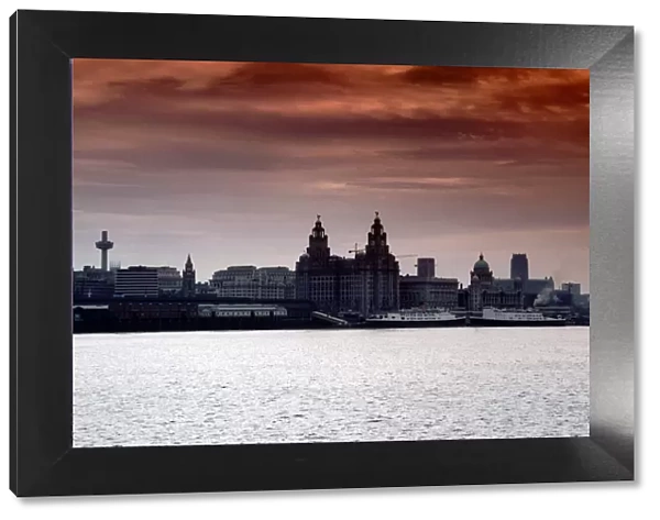 Skyline of Liverpool showing the Liver Building from across the Mersey river