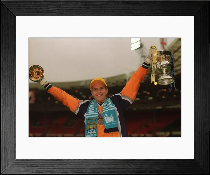 Framed Print : Manchester City keeper Nick Weaver celebrates May 1999 with trophy folowing Framed Print : Manchester City keeper Nick Weaver celebrates May 1999 with trophy folowing