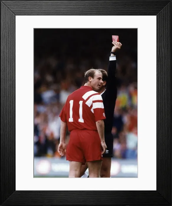 Framed Print : Steve McMahon Football player for Liverpool FC receives a red card from referee 24th Framed Print : Steve McMahon Football player for Liverpool FC receives a red card from referee 24th